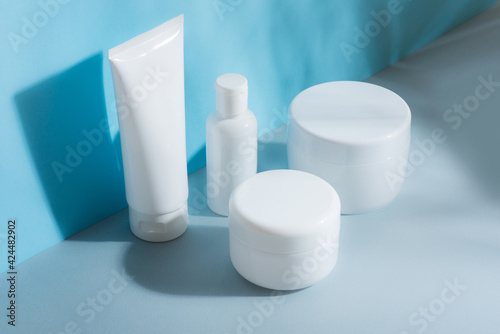 A set of cosmetic tubes for cream, different sizes, clean, white without inscriptions, mocap