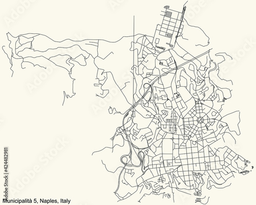 Black simple detailed street roads map on vintage beige background of the quarter 5th municipality (Arenella, Vomero) of Naples, Italy photo