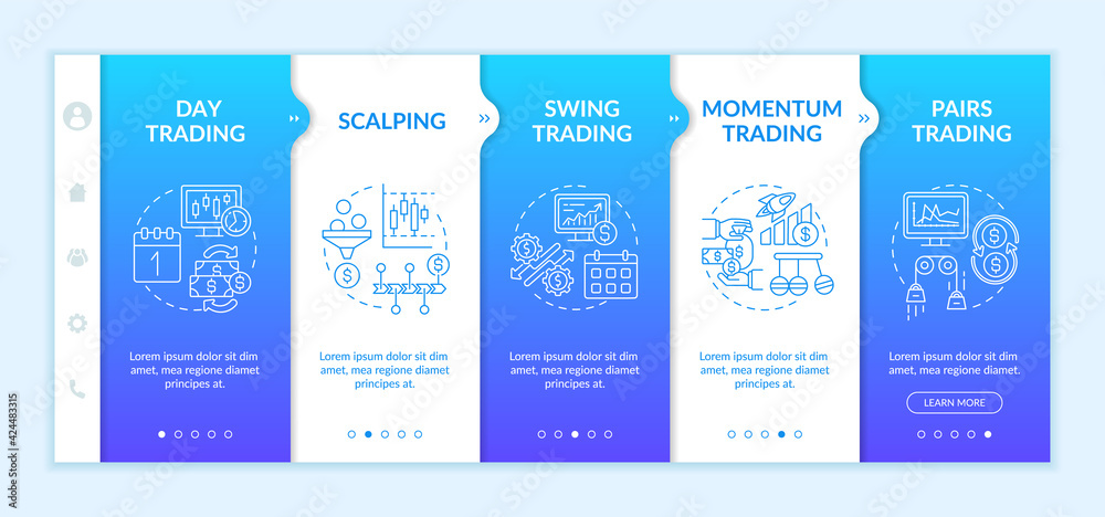 Stock trade strategies onboarding vector template. Responsive mobile website with icons. Web page walkthrough 5 step screens. Scalping, momentum, day trading color concept with linear illustrations Stock trade strategies onboarding vector template. Responsive mobile website with icons. Web page walkthrough 5 step screens. Scalping, momentum, day trading color concept with linear illustrations