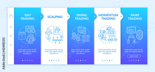 Stock trade strategies onboarding vector template. Responsive mobile website with icons. Web page walkthrough 5 step screens. Scalping, momentum, day trading color concept with linear illustrations