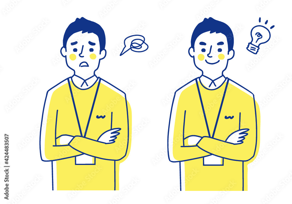 IDカードホルダーを胸に下げた男性　表情2パターン