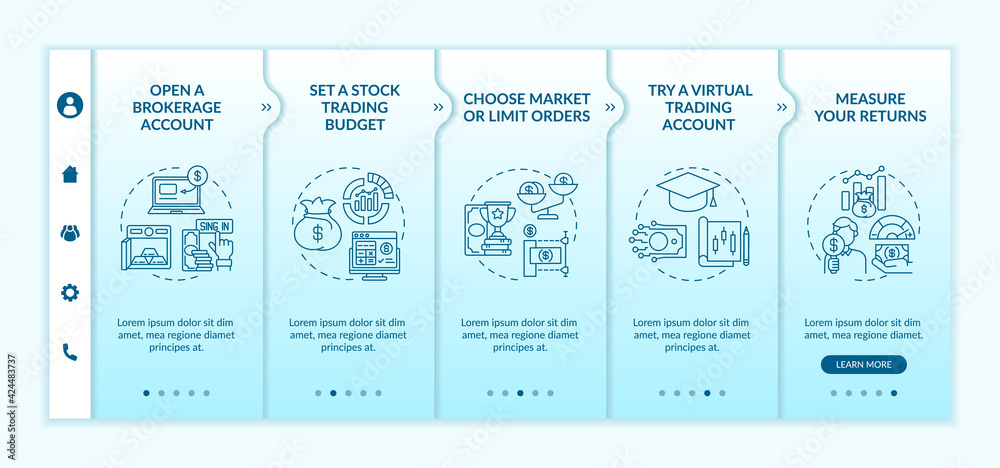 Investing in stock steps onboarding vector template. Responsive mobile website with icons. Web page walkthrough 5 step screens. Budget, virtual account, returns color concept with linear illustrations