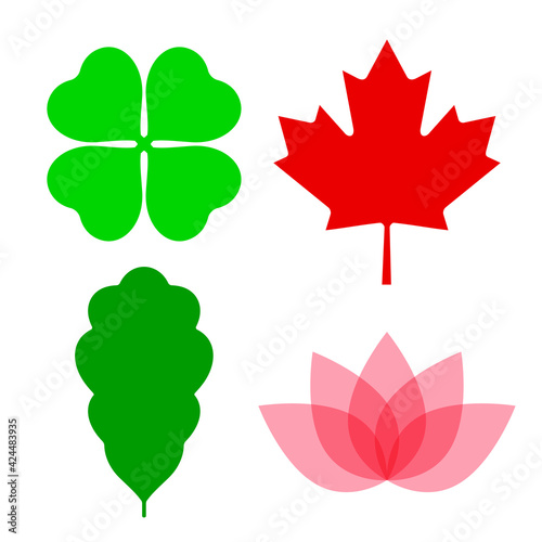 Clover, maple, oak and lotus icons. Vector illustration isolated on white