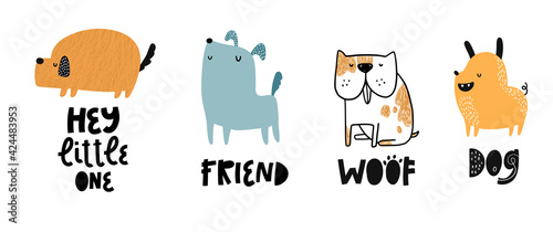 Child set posters with cute dogs and hand drawn text. Vector funny animal for baby graphic suit printing. Kid print with lettering. Greeting card design. Trendy scandinavian vector print.Pets.