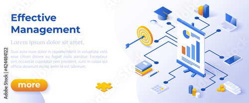 EFFECTIVE MANAGEMENT - Isometric Design in Trendy Colors Isometrical Icons on Blue Background. Banner Layout Template for Website Development