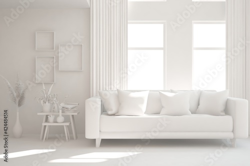 White minimalist living room with sofa. Scandinavian interior design. 3D illustration