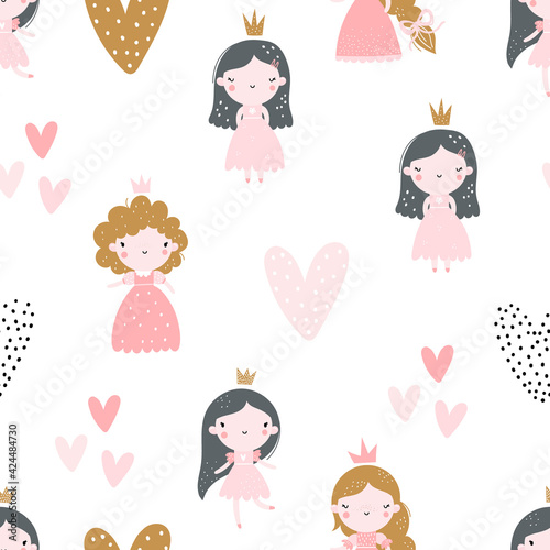 Vector hand-drawn colored childrens seamless repeating pattern with cute girls princesses in a dress with a crown on a white background. Creative kids texture for fabric, wrapping, textile, wallpaper.