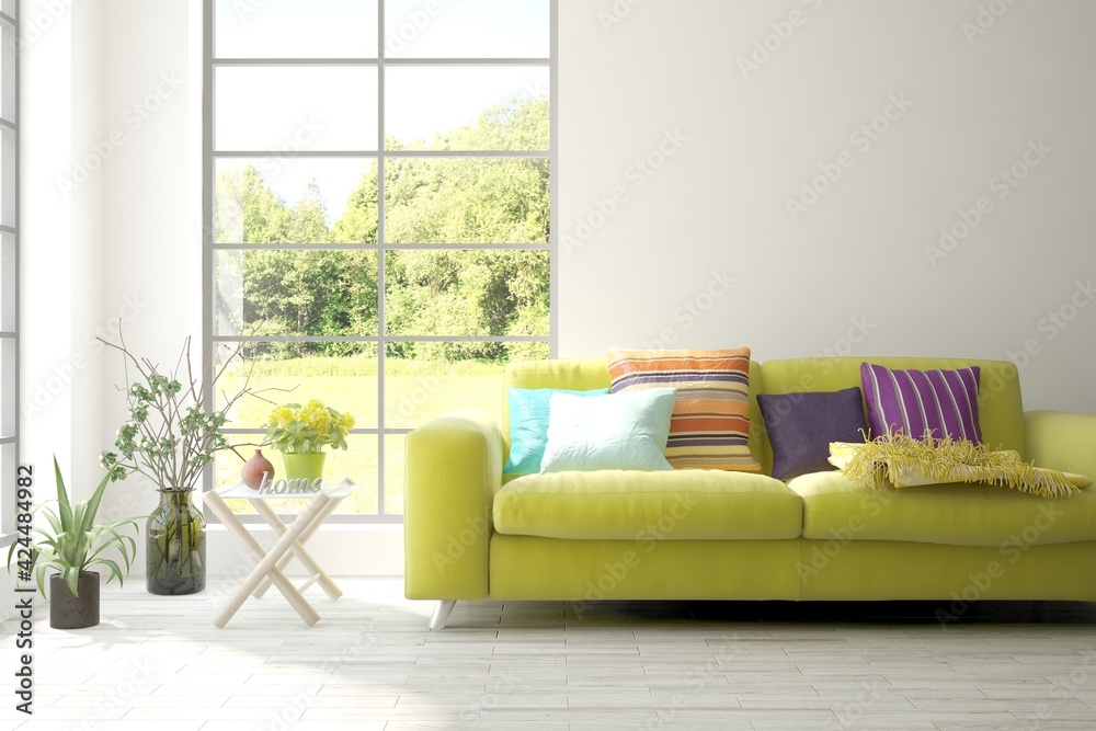 White living room with sofa and summer landscape in window. Scandinavian interior design. 3D illustration White living room with sofa and summer landscape in window. Scandinavian interior design. 3D illustration
