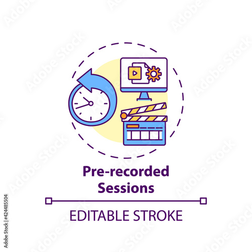 Pre-recorded sessions concept icon. Virtual event content idea thin line illustration. Simulated live format. Pressure absence on speaker. Vector isolated outline RGB color drawing. Editable stroke