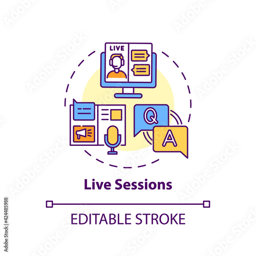 Live sessions concept icon. Virtual event content idea thin line illustration. Online conferences and meetings. Live stream session. Vector isolated outline RGB color drawing. Editable stroke