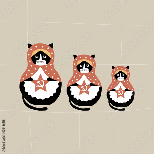 Russian nesting dolls. Cute matryoshka cats with red star and hammer and sickle. Traditions and culture of Russia. Russia travel vector illustration 