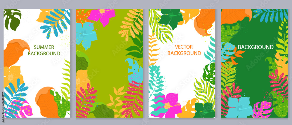 Fototapeta Vector background with colorful plants and with place for text. Summer background.