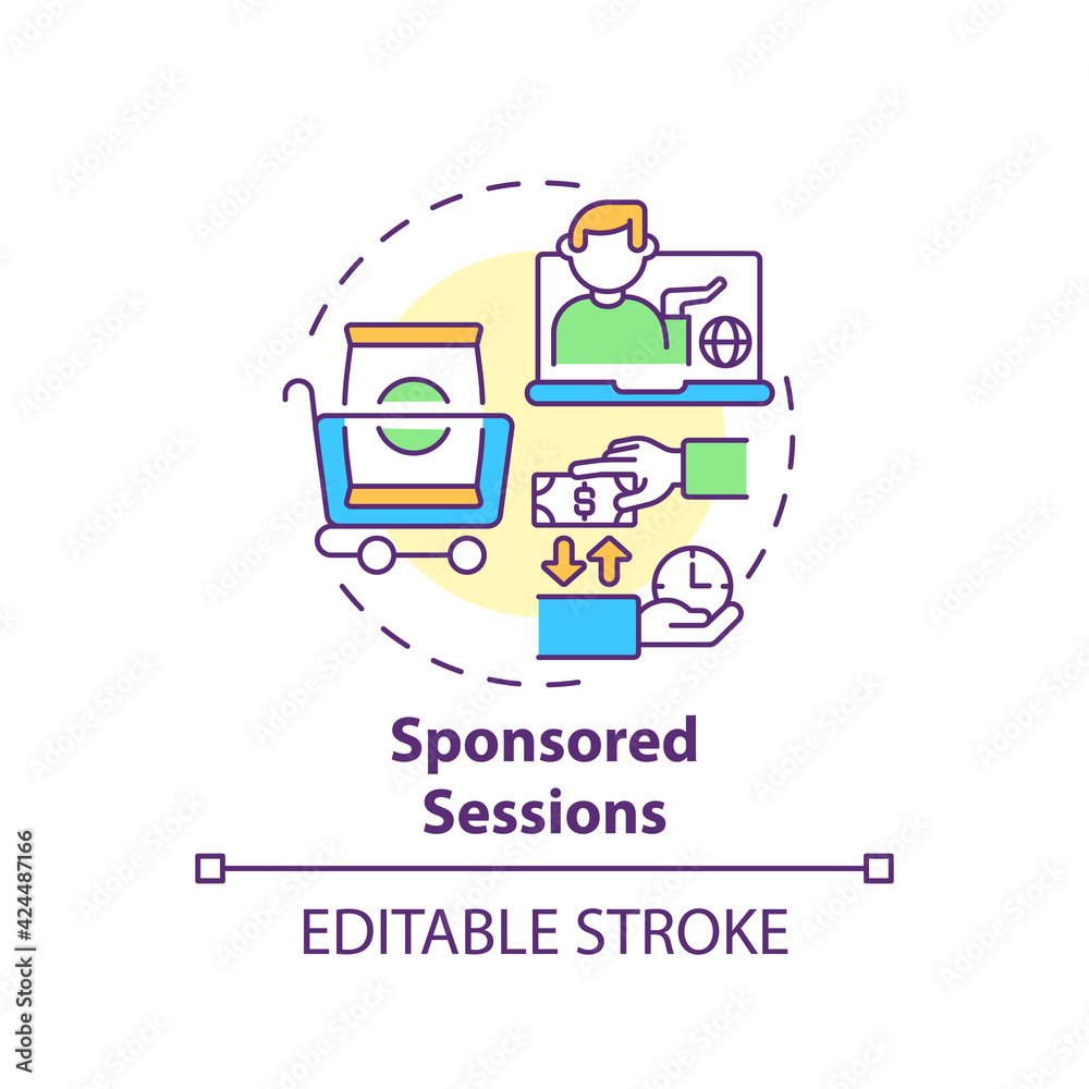 Sponsored sessions concept icon. Sponsorship virtual events idea thin line illustration. Financial backing. Brand awareness. Monetization. Vector isolated outline RGB color drawing. Editable stroke