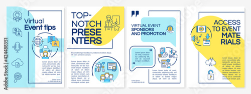 Virtual event tips brochure template. Top-notch presenters. Flyer, booklet, leaflet print, cover design with linear icons. Vector layouts for presentation, annual reports, advertisement pages