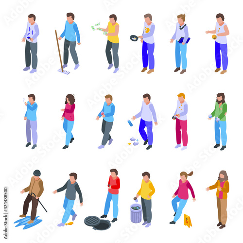 Careless person icons set. Isometric set of careless person vector icons for web design isolated on white background