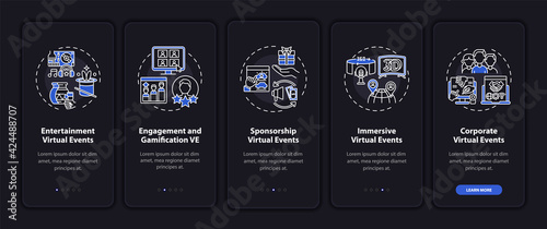 Remote gatherings types onboarding mobile app page screen with concepts. Corporate events walkthrough 5 steps graphic instructions. UI, UX, GUI vector template with linear night mode illustrations