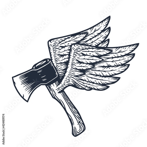 Lumberjack ax. Flying hatchet or axe with wings for woodcutter and axeman. Timberman print