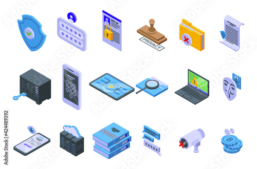 Privacy icons set. Isometric set of privacy vector icons for web design isolated on white background