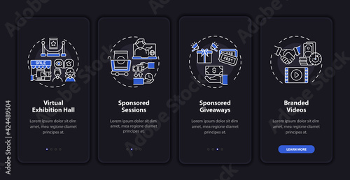 Sponsorship remote gathering onboarding mobile app page screen with concepts. Sponsored event walkthrough 4 steps graphic instructions. UI, UX, GUI vector template with linear night mode illustrations