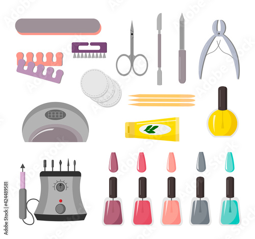 Tools for manicure set. Vector illustration of manicure accessories. White background. For use in designs, labels, stickers, flyers and leaflets, icons and logos.