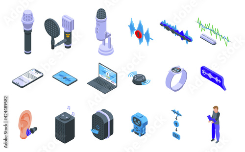 Speech recognition icons set. Isometric set of speech recognition vector icons for web design isolated on white background