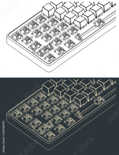 Mechanical keyboard isometric close-up drawings
