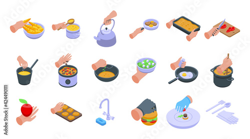 Hands preparing foods icons set. Isometric set of hands preparing foods vector icons for web design isolated on white background