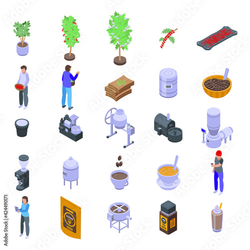 Coffee production icons set. Isometric set of coffee production vector icons for web design isolated on white background