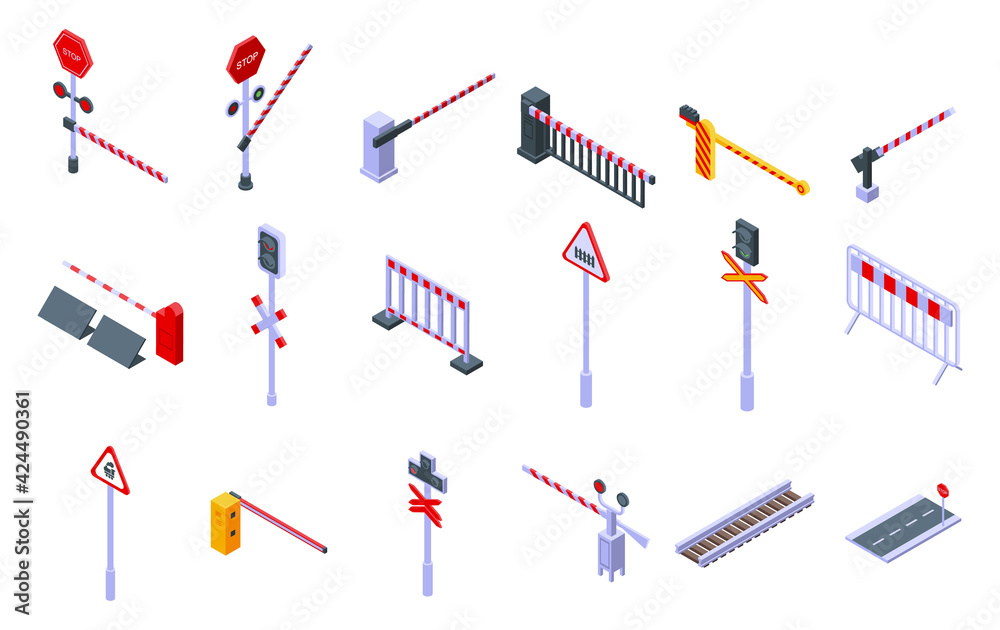 Railroad barrier icons set. Isometric set of railroad barrier vector icons for web design isolated on white background Railroad barrier icons set. Isometric set of railroad barrier vector icons for web design isolated on white background