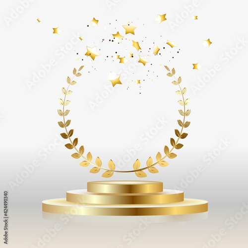 Gold shiny badge rewards with a Laurel wreath with a podium.