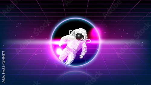 Astronaut. Cosmos futuristic abstract background, quantum space exploration and technology vector poster.