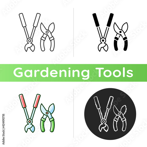 Garden secateurs icon. Bypass loppers. Hedge trimmers. Pruning trees, shrubs and shears. Care for living plants and saplings. Linear black and RGB color styles. Isolated vector illustrations