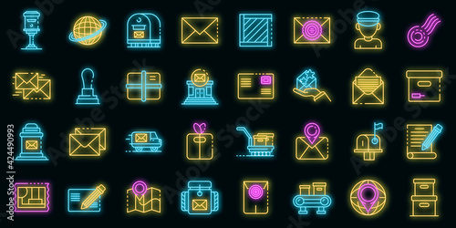 Postman icons set. Outline set of postman vector icons neon color on black