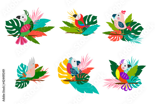 Set with cartoon tropical parrots. Birds sit on a branch with leaves. Vector illustration for decoration, postcards, brochures, flyers and invitations, logos and icons.