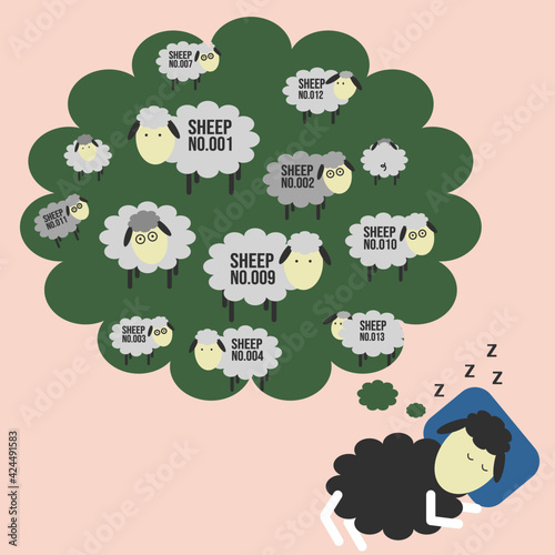 vector sleepy cartoon black sheep is counting other sheep to sleep illustration