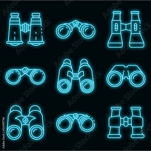 Binoculars icons set. Outline set of binoculars vector icons neon color on black
