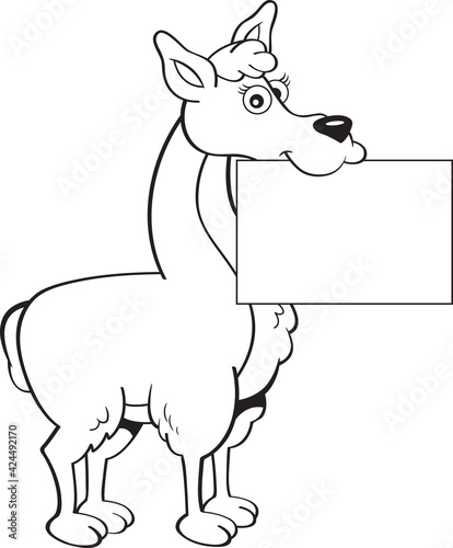 Black and white illustration of a happy llama holding a sign in it's mouth.