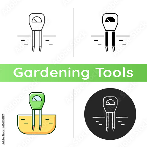 Soil moisture monitoring icon. Accurate measurement. Soil temperature sensor. Measuring volumetric water content. Tensiometer. Linear black and RGB color styles. Isolated vector illustrations