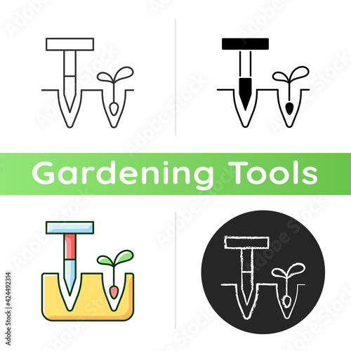 Dibbler icon. Pointed wooden stick. Holes and furrows creation. Preparation flower bed. T-handled dibber. Planting small bulbs. Linear black and RGB color styles. Isolated vector illustrations photo