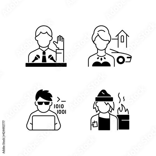 Social status type black linear icons set. Political elite. Upper and lower class. Programmer, computer expert. Glyph contour symbols. Classes in society. Vector isolated outline illustrations