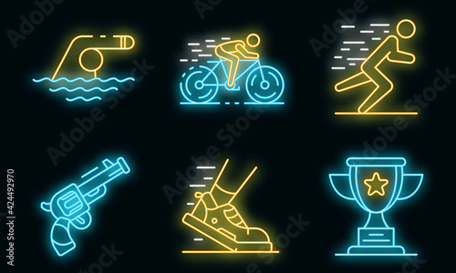 Triathlon icons set. Outline set of triathlon vector icons neon color on black