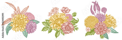 Flower bouquet of pastel poppy flower, gerbera, sunflower, milkweed, dahlia, veronica