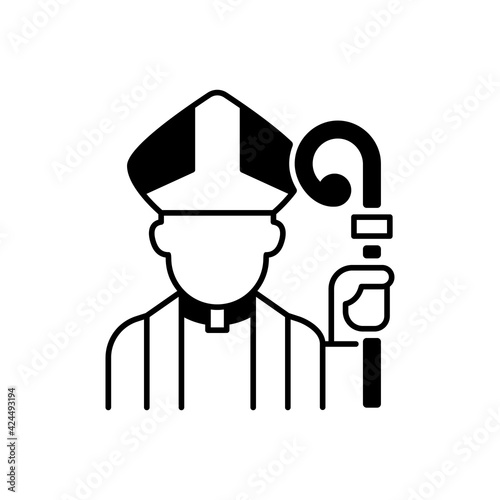 Clergy black linear icon. Male catholic priest. Vatican pope. Religious figure. Christian church pastor. Social class and status. Outline symbol on white space. Vector isolated illustration