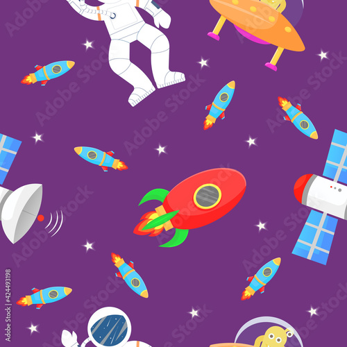 Cosmic fabric for kids. Astronaut with rocket and © Begin Again