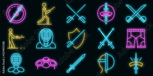 Fencing icons set. Outline set of fencing vector icons neon color on black