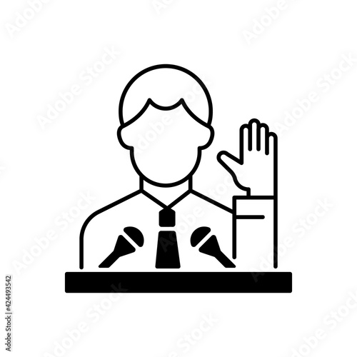 Political elite black linear icon. Public demonstration, speaker from government. Social leadership. High status of influence, power. Outline symbol on white space. Vector isolated illustration
