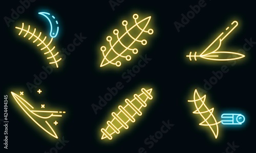 Suture icons set. Outline set of suture vector icons neon color on black