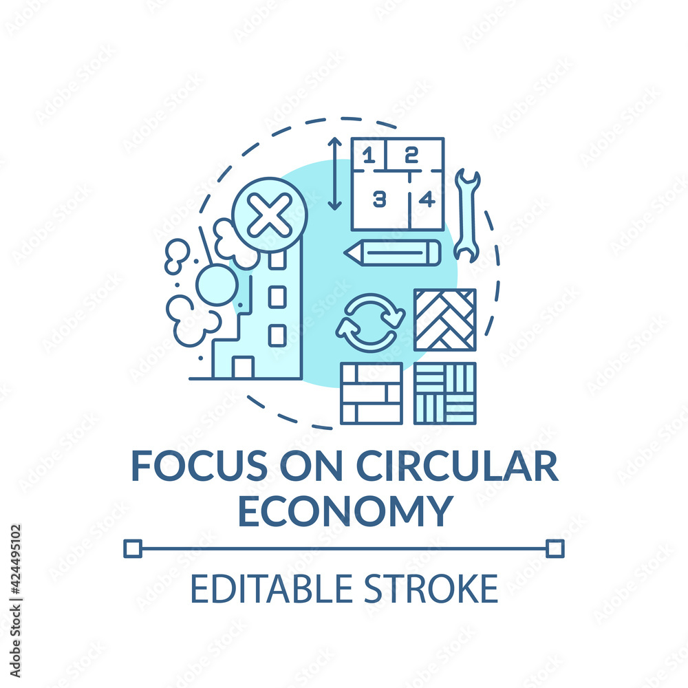Focusing on circular economy concept icon. Future office design trend idea thin line illustration. Waste and reusing items elimination. Vector isolated outline RGB color drawing. Editable stroke