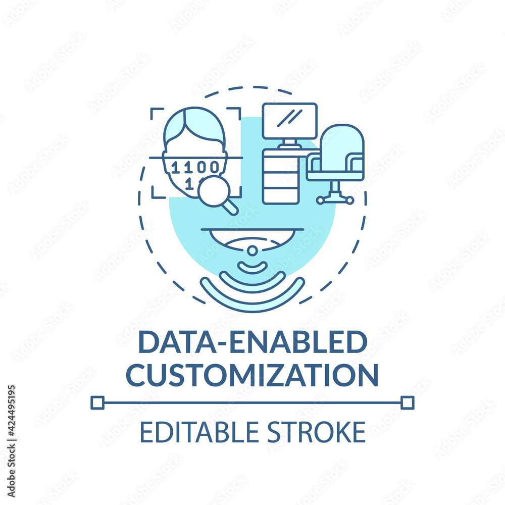Data-enabled customization concept icon. Future office design idea thin line illustration. Adaptation to employee needs. Personalization. Vector isolated outline RGB color drawing. Editable stroke Data-enabled customization concept icon. Future office design idea thin line illustration. Adaptation to employee needs. Personalization. Vector isolated outline RGB color drawing. Editable stroke