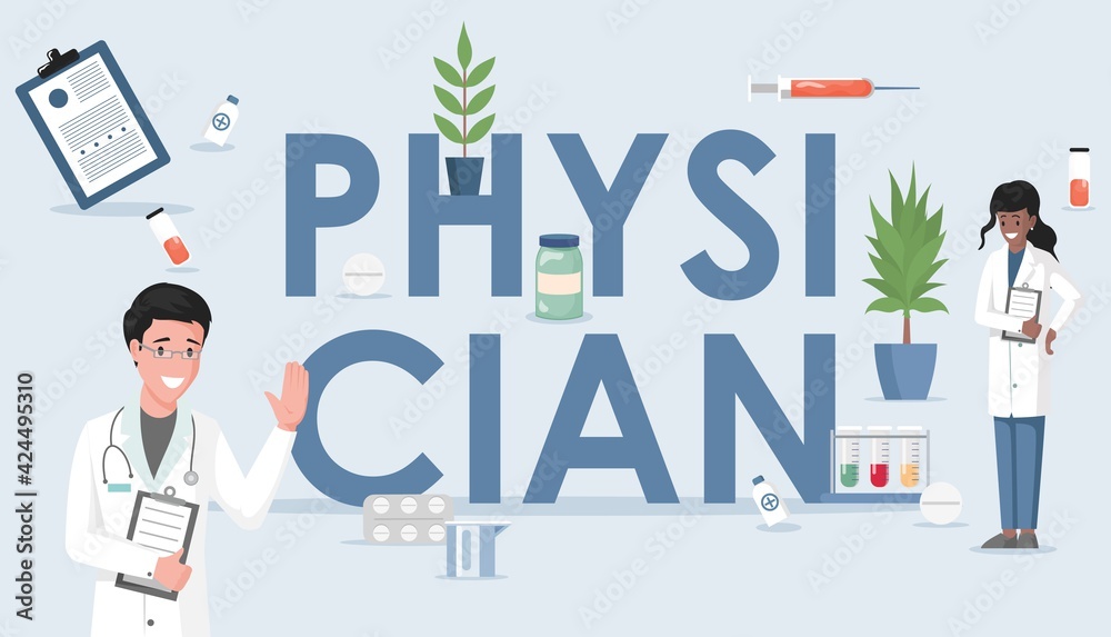 Physician word vector flat banner concept. Happy doctor and nurse in white medical robes standing and waving hands. Healthcare, medicine consultation in hospital or medical clinic poster concept.
